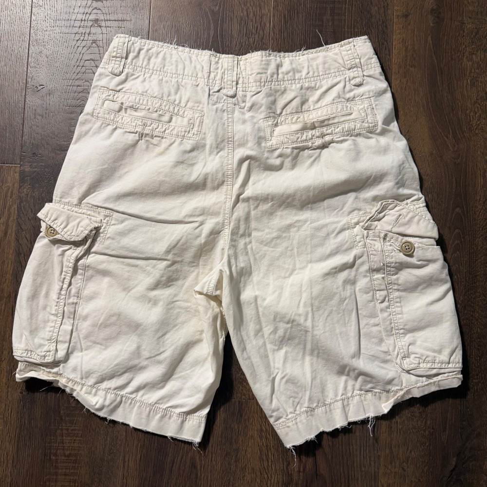 Vintage American Eagle Cargo Shorts Mens 33 Cream AE-3 Y2K Frayed Heavy Cotton - Picture 7 of 8